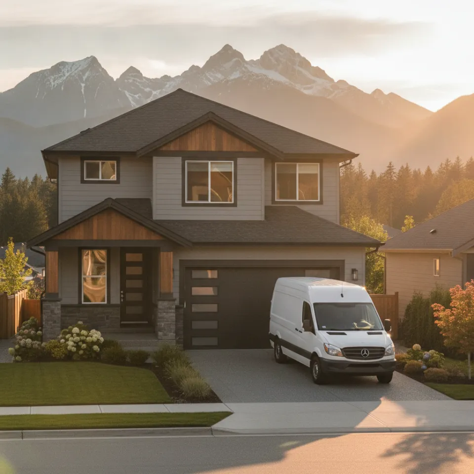 Pitt Meadows Garage Doors service van parked outside a local family home